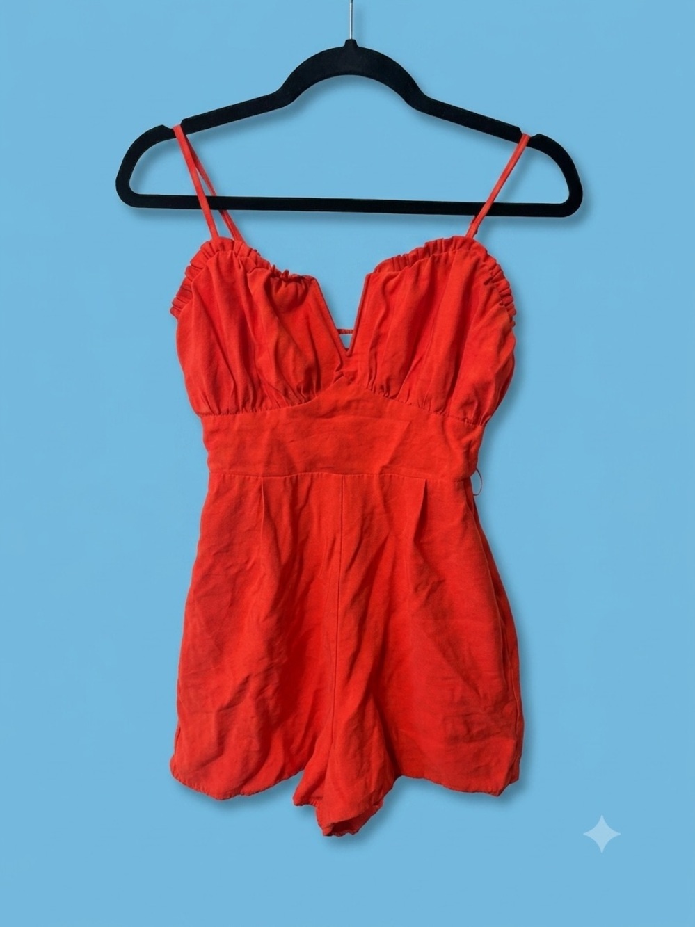 Women's Red V-Neck Romper with Smocked Back & Pockets, Size Small